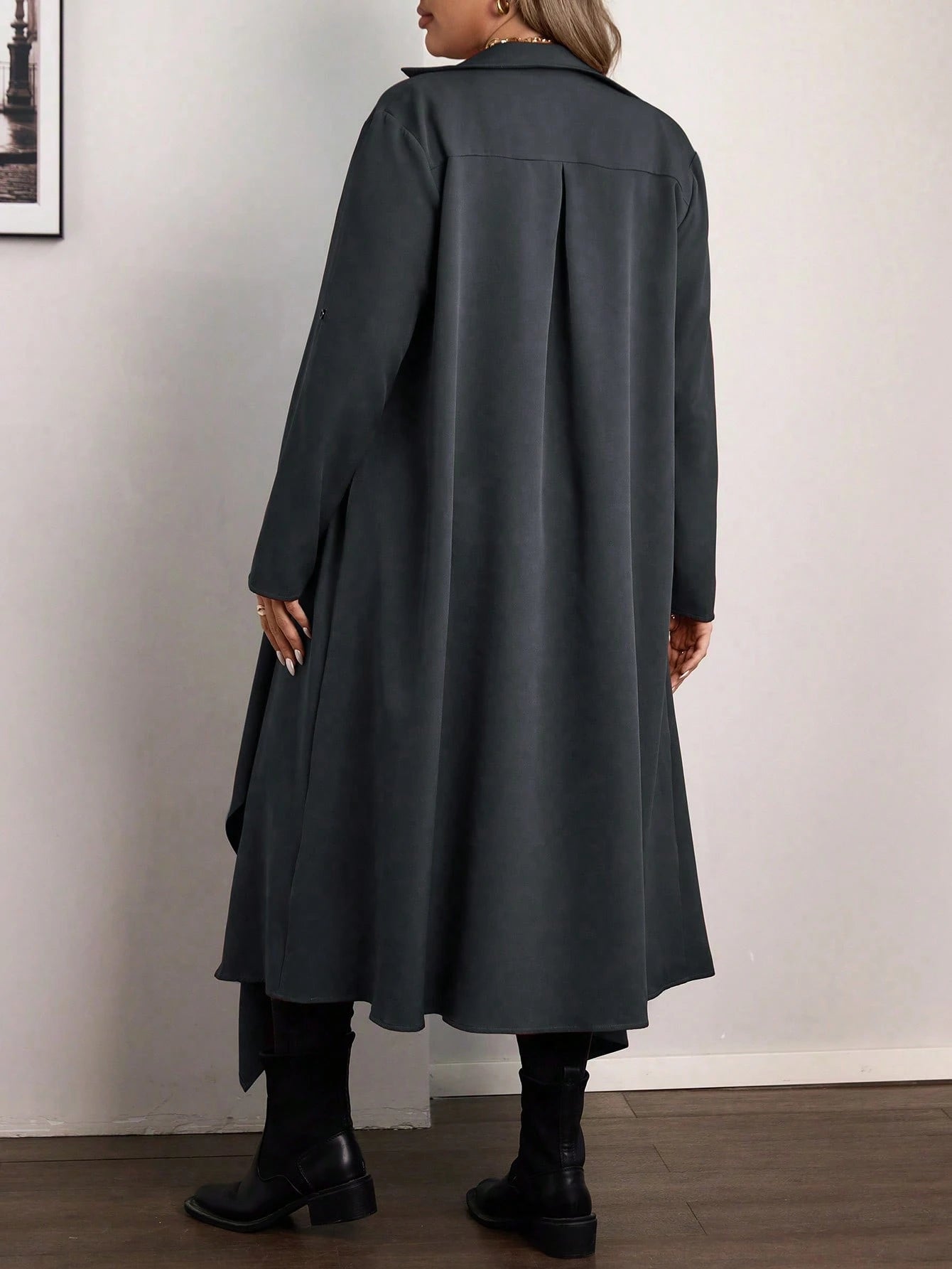 Vionelle Plus Size Elegant Grey Autumn Office Formal Waterfall Collar Long Jacket, Women Asymmetrical Cardigan, Ladies Sleeve Fall Dressy Outerwear