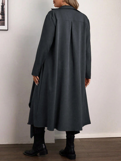 Vionelle Plus Size Elegant Grey Autumn Office Formal Waterfall Collar Long Jacket, Women Asymmetrical Cardigan, Ladies Sleeve Fall Dressy Outerwear