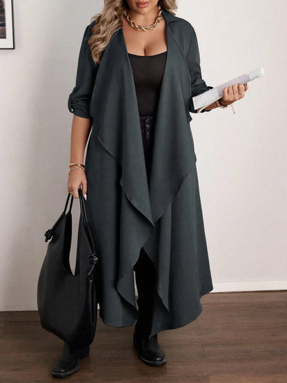 Vionelle Plus Size Elegant Grey Autumn Office Formal Waterfall Collar Long Jacket, Women Asymmetrical Cardigan, Ladies Sleeve Fall Dressy Outerwear