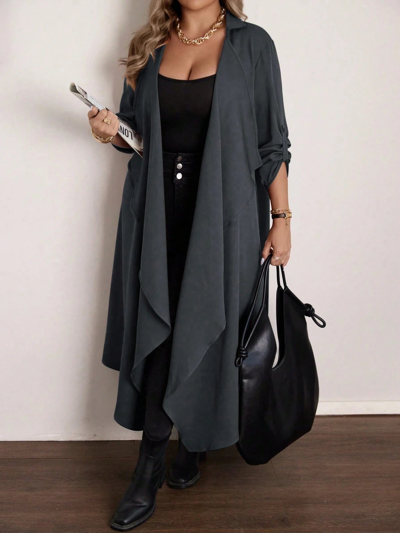 Vionelle Plus Size Elegant Grey Autumn Office Formal Waterfall Collar Long Jacket, Women Asymmetrical Cardigan, Ladies Sleeve Fall Dressy Outerwear