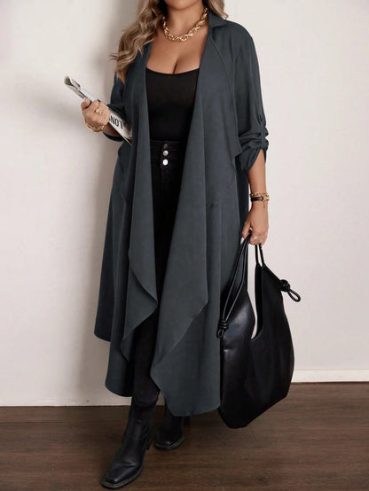 Vionelle Plus Size Elegant Grey Autumn Office Formal Waterfall Collar Long Jacket, Women Asymmetrical Cardigan, Ladies Sleeve Fall Dressy Outerwear