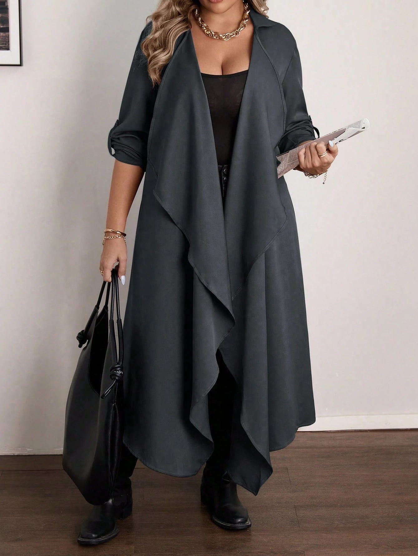 Vionelle Plus Size Elegant Grey Autumn Office Formal Waterfall Collar Long Jacket, Women Asymmetrical Cardigan, Ladies Sleeve Fall Dressy Outerwear