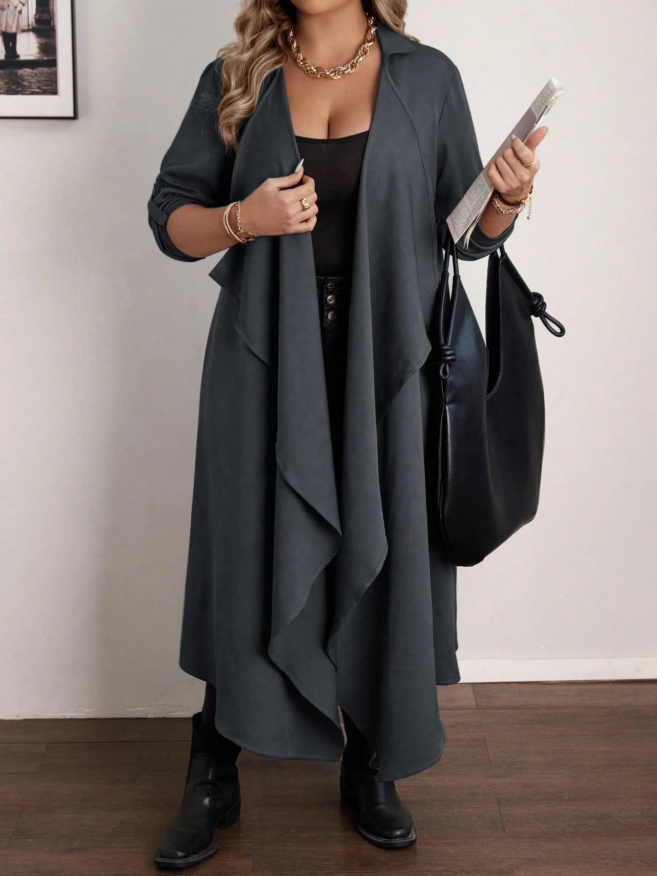 Vionelle Plus Size Elegant Grey Autumn Office Formal Waterfall Collar Long Jacket, Women Asymmetrical Cardigan, Ladies Sleeve Fall Dressy Outerwear