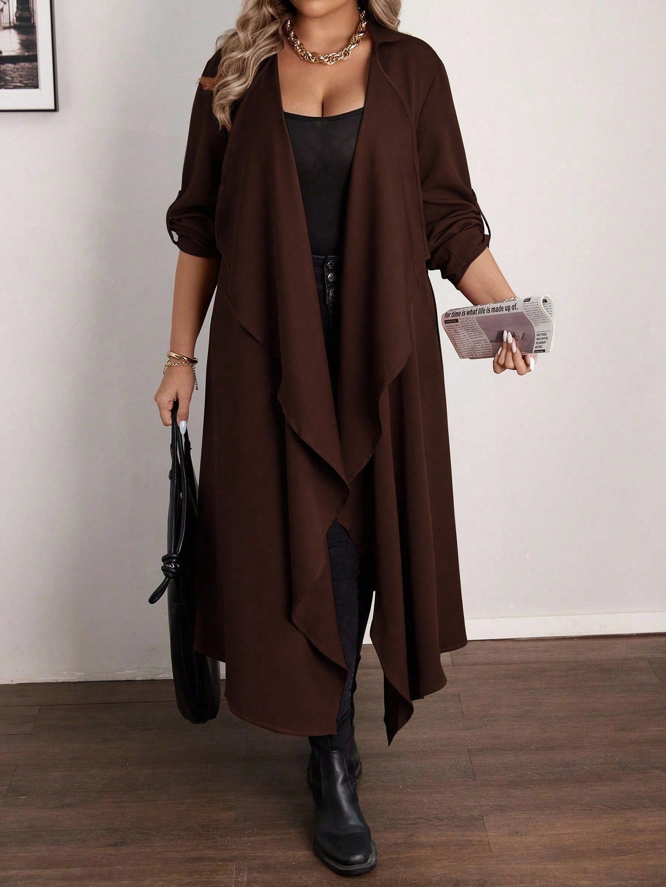 Vionelle Plus Size Elegant Grey Autumn Office Formal Waterfall Collar Long Jacket, Women Asymmetrical Cardigan, Ladies Sleeve Fall Dressy Outerwear