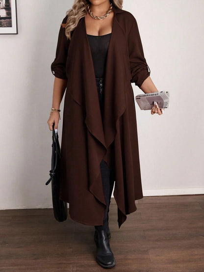 Vionelle Plus Size Elegant Grey Autumn Office Formal Waterfall Collar Long Jacket, Women Asymmetrical Cardigan, Ladies Sleeve Fall Dressy Outerwear