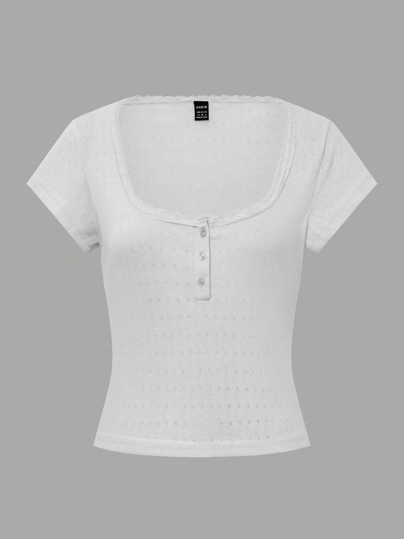 Vionelle Plus Size Women's Sweet Lace Trim Short Sleeve T-Shirt, Business Casual Cute Brown Summer Everyday Tee Tops Holiday Gym