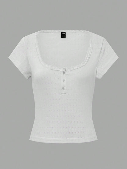 Vionelle Plus Size Women's Sweet Lace Trim Short Sleeve T-Shirt, Business Casual Cute Brown Summer Everyday Tee Tops Holiday Gym