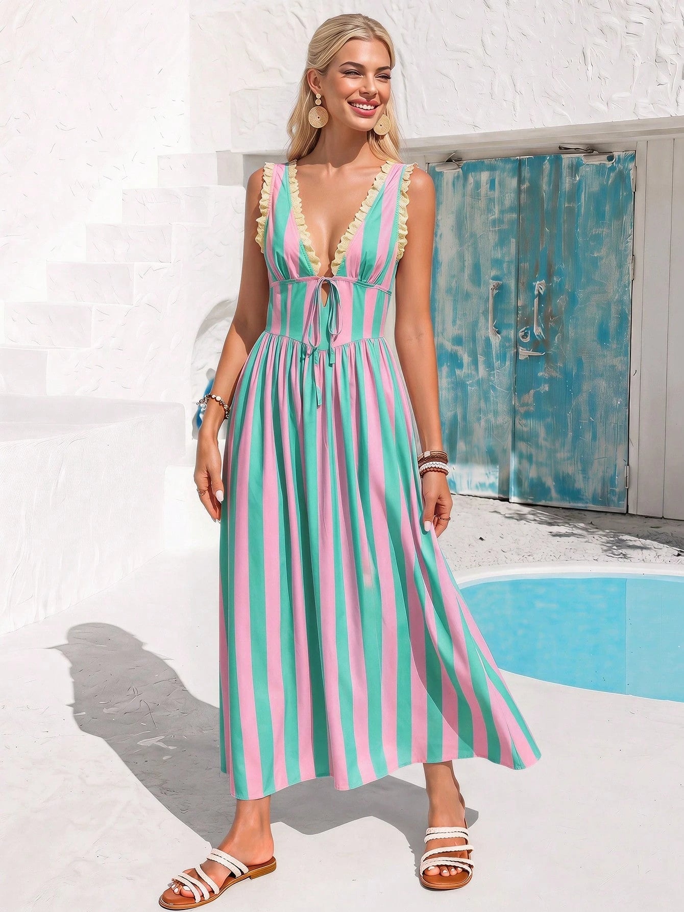 Vivid Eden Women's Pink Green Vertical Stripe Lace Trim V Neck Tie Front Sleeveless Midi Dress For Vacation, Casual Beach Outfits For Woman, Vacation