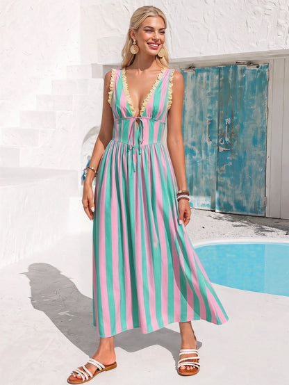 Vivid Eden Women's Pink Green Vertical Stripe Lace Trim V Neck Tie Front Sleeveless Midi Dress For Vacation, Casual Beach Outfits For Woman, Vacation