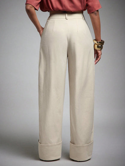 Vixey High Waist Fold Over Cuffed Hem Barrel Leg Trousers