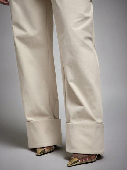 Vixey High Waist Fold Over Cuffed Hem Barrel Leg Trousers