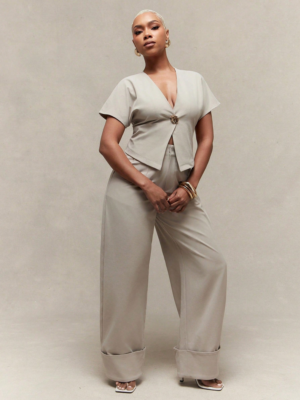 Vixey High Waist Fold Over Cuffed Hem Barrel Leg Trousers