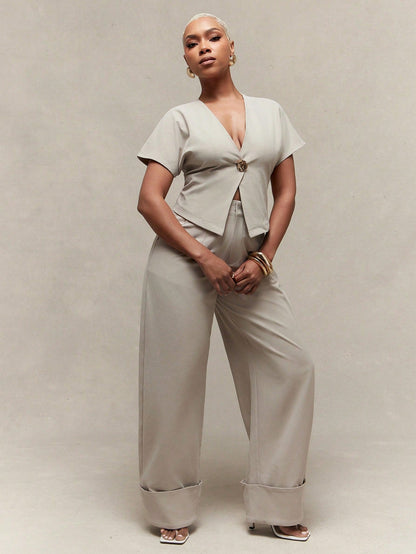 Vixey High Waist Fold Over Cuffed Hem Barrel Leg Trousers