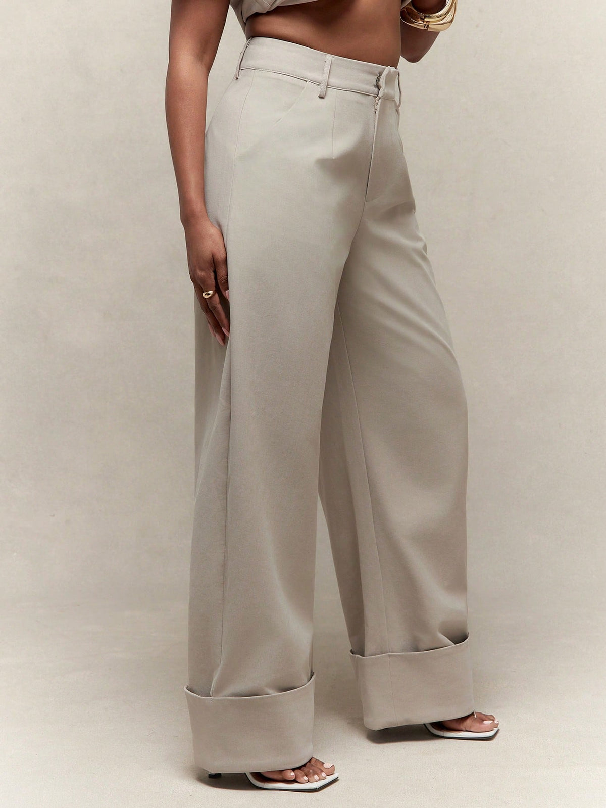 Vixey High Waist Fold Over Cuffed Hem Barrel Leg Trousers