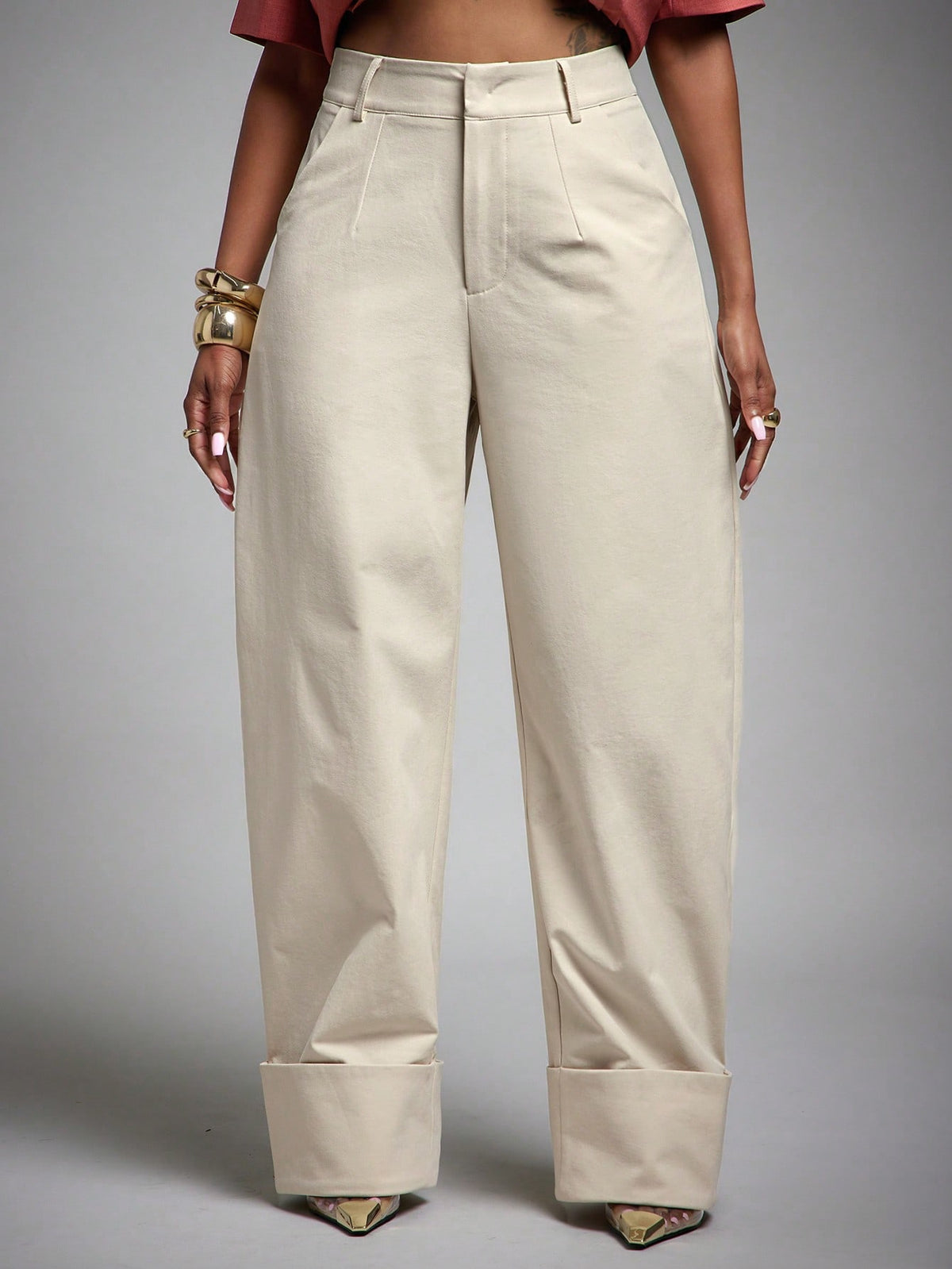 Vixey High Waist Fold Over Cuffed Hem Barrel Leg Trousers
