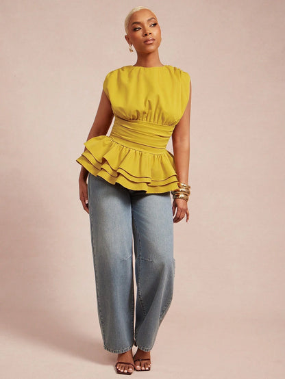 Vixey Solid Woven Round Neck Ruched Sleeveless Layered Peplum Hem Top