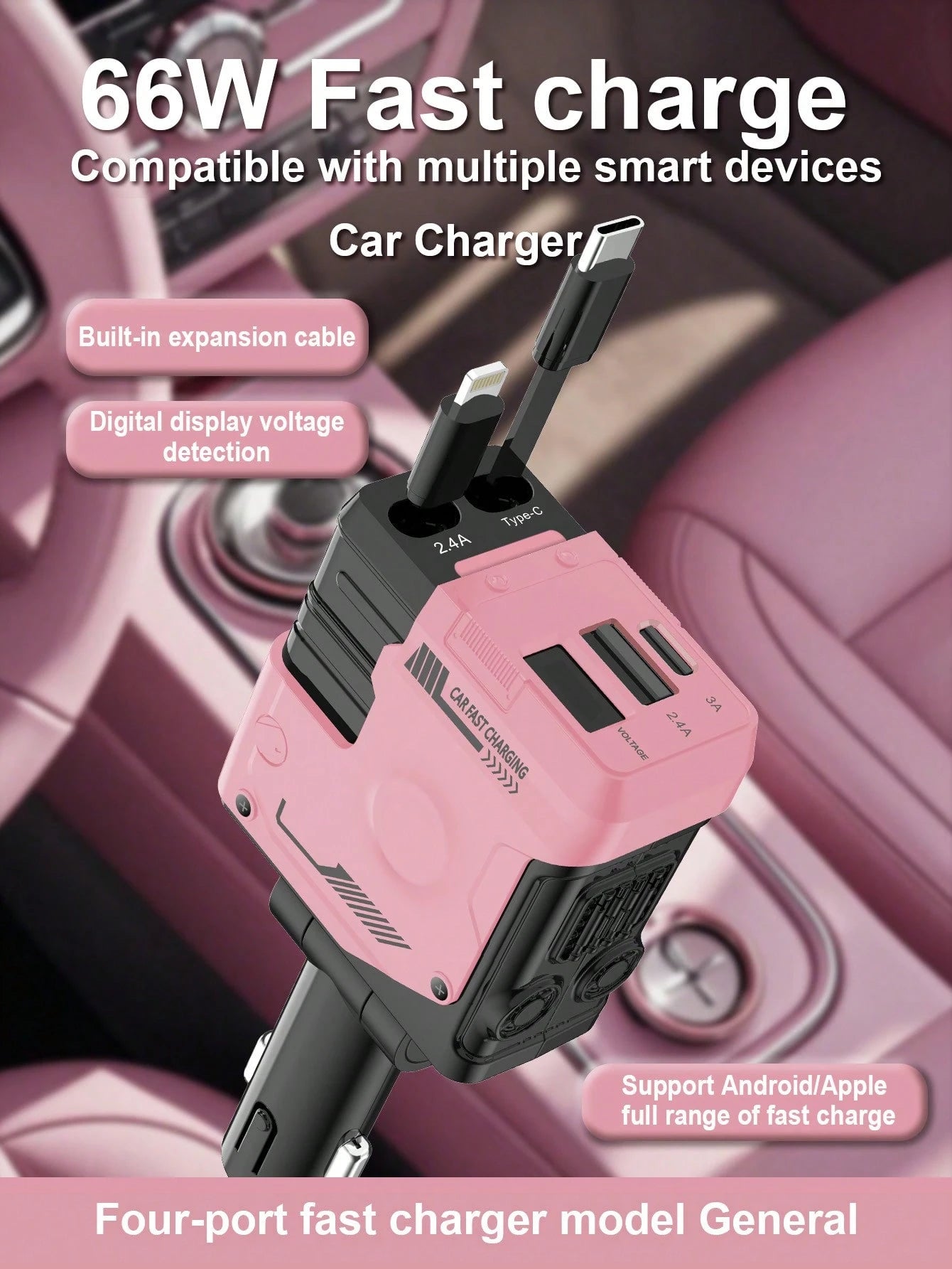 W&O Retractable Car Charger With Retractable Cable (31.5 Inch), 4 In 1 Fast Car Phone Charger, 2 USB Ports Adapter, Compatible With IPhone17 16 15 14 13 12 11 Pro Max,, Pixel,Practical Gift,Thanksgiv