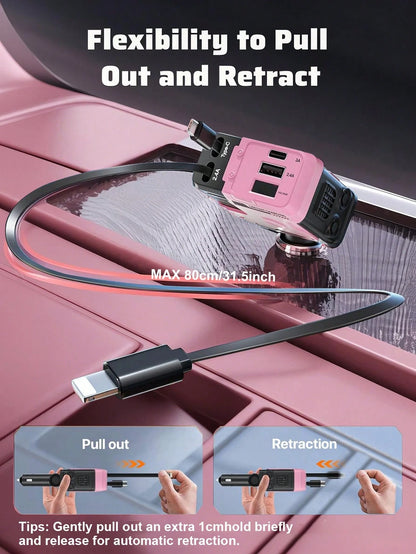 W&O Retractable Car Charger With Retractable Cable (31.5 Inch), 4 In 1 Fast Car Phone Charger, 2 USB Ports Adapter, Compatible With IPhone17 16 15 14 13 12 11 Pro Max,, Pixel,Practical Gift,Thanksgiv