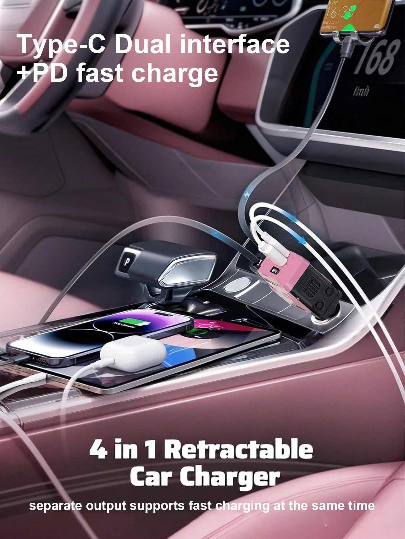 W&O Retractable Car Charger With Retractable Cable (31.5 Inch), 4 In 1 Fast Car Phone Charger, 2 USB Ports Adapter, Compatible With IPhone17 16 15 14 13 12 11 Pro Max,, Pixel,Practical Gift,Thanksgiv