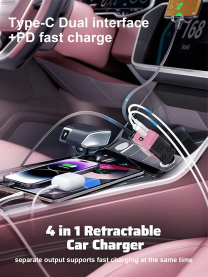 W&O Retractable Car Charger With Retractable Cable (31.5 Inch), 4 In 1 Fast Car Phone Charger, 2 USB Ports Adapter, Compatible With IPhone17 16 15 14 13 12 11 Pro Max,, Pixel,Practical Gift,Thanksgiv