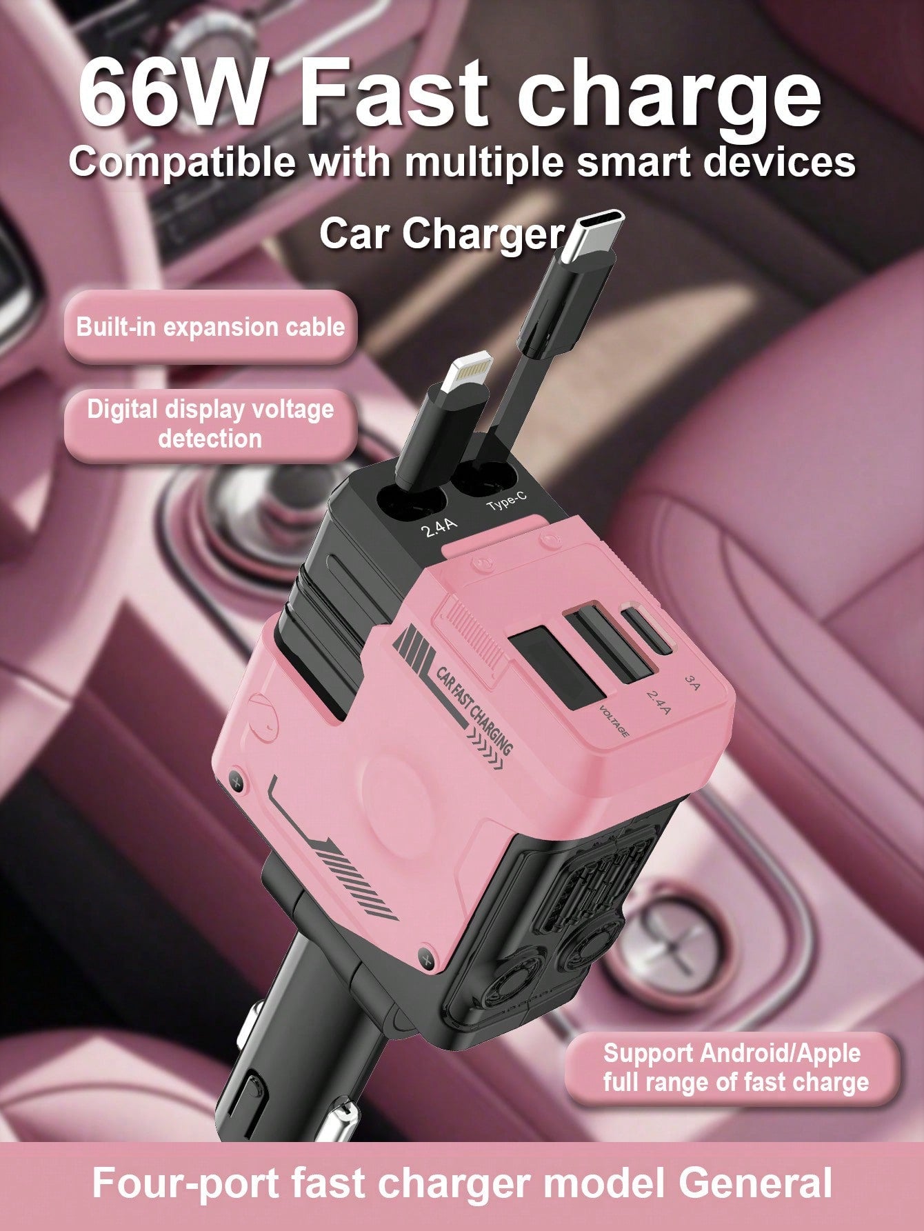 W&O Retractable Car Charger With Retractable Cable (31.5 Inch), 4 In 1 Fast Car Phone Charger, 2 USB Ports Adapter, Compatible With IPhone17 16 15 14 13 12 11 Pro Max,, Pixel,Practical Gift,Thanksgiv