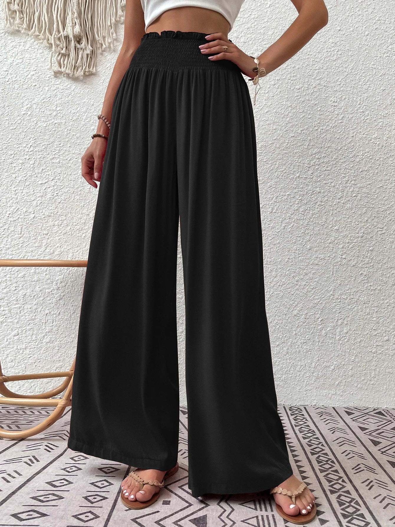 Wandoria Shirred Waist Wide Leg Pants Fall Cloth For Women