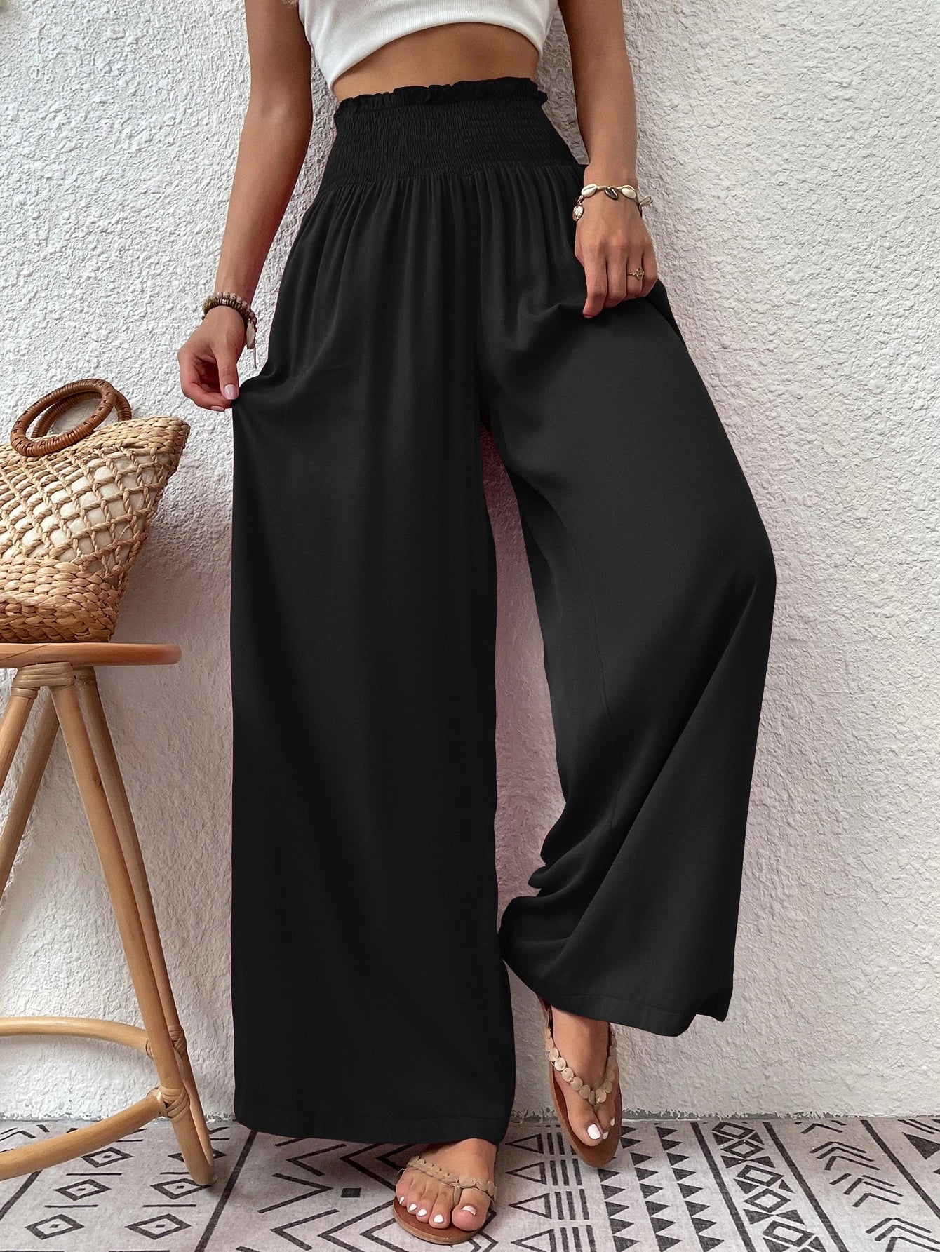 Wandoria Shirred Waist Wide Leg Pants Fall Cloth For Women