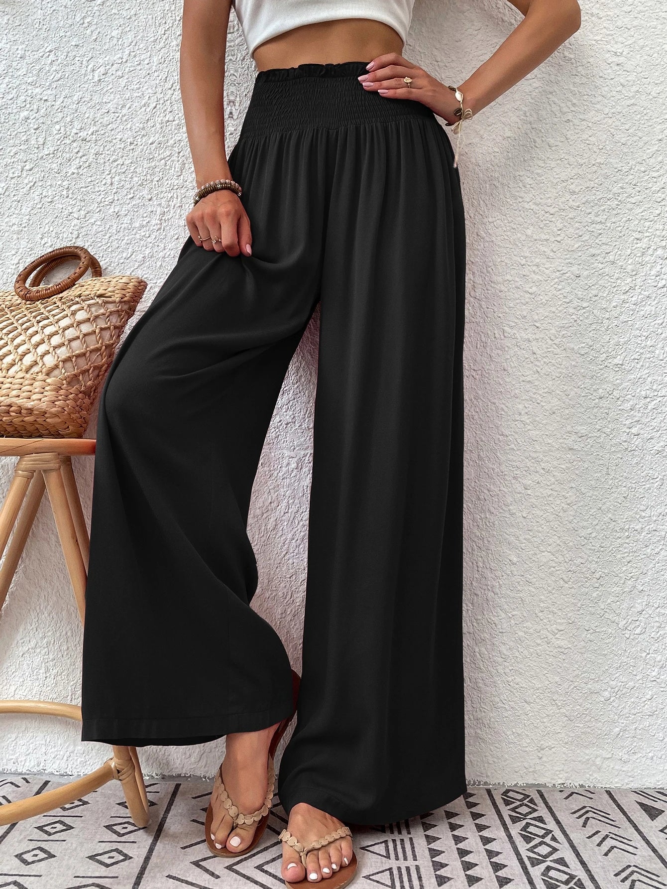 Wandoria Shirred Waist Wide Leg Pants Fall Cloth For Women