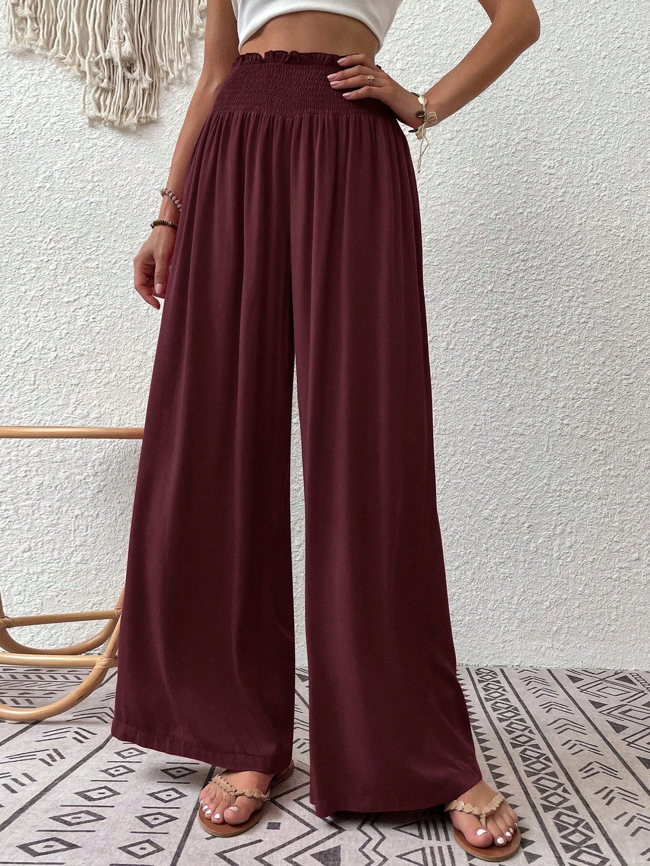 Wandoria Shirred Waist Wide Leg Pants Fall Cloth For Women