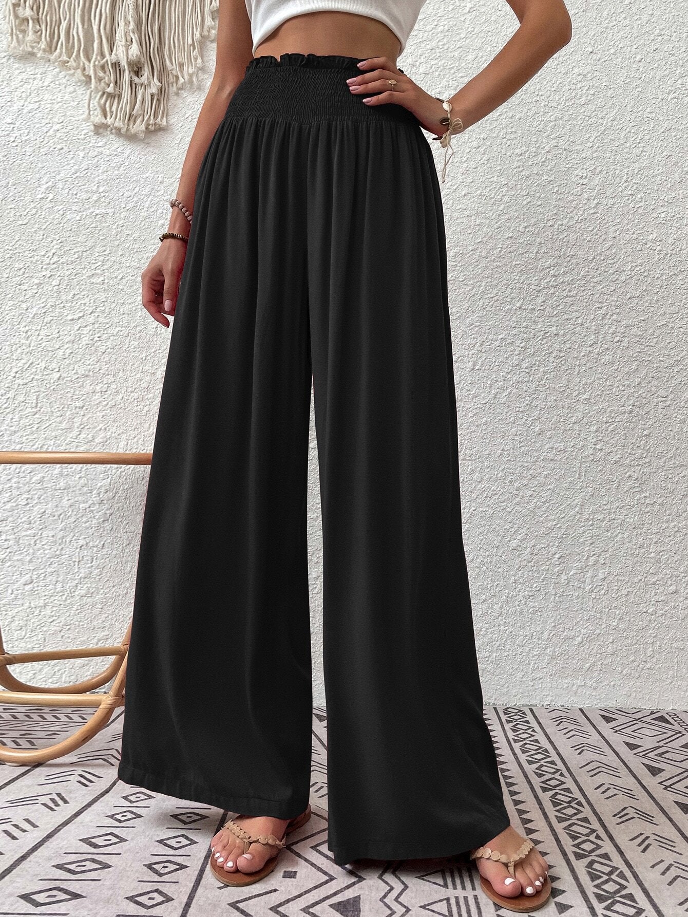 Wandoria Shirred Waist Wide Leg Pants Fall Cloth For Women