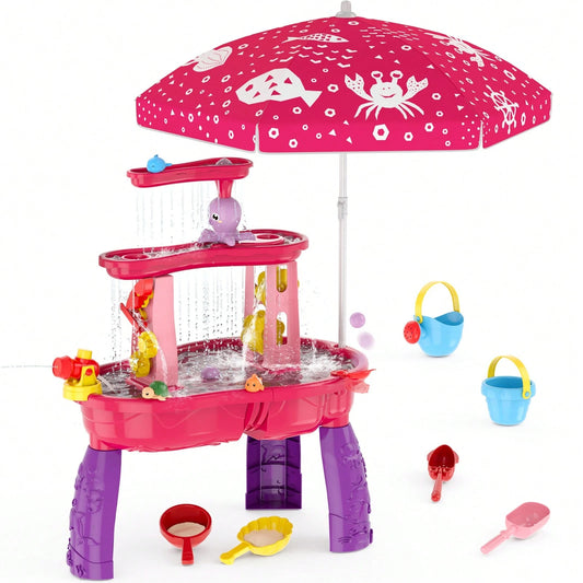 Water Table For Toddlers 3-5, 3-Tier Kids Splash Sand Table Water Toys With Umbrella, Rain Showers Splash Pond For Outdoor Beach Backyard Summer, Activity Sensory Playset For Boys Girls,Pink
