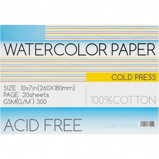 Watercolor Paper Block, 100% Cotton Watercolor Paper Pad Of 20 Sheets, 140lb/300gsm, 10" X 7"
