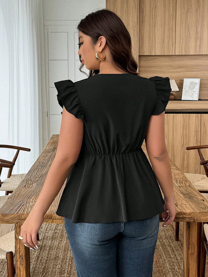 Weeklong Plus Size Women Casual/Vacation/Commute Lace Ruffle V-Neck Cap Sleeve Blouse Chic