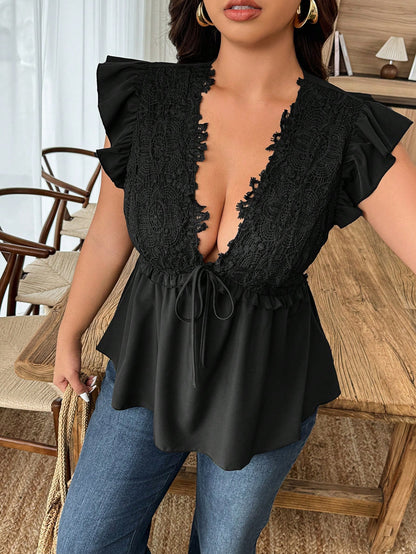 Weeklong Plus Size Women Casual/Vacation/Commute Lace Ruffle V-Neck Cap Sleeve Blouse Chic