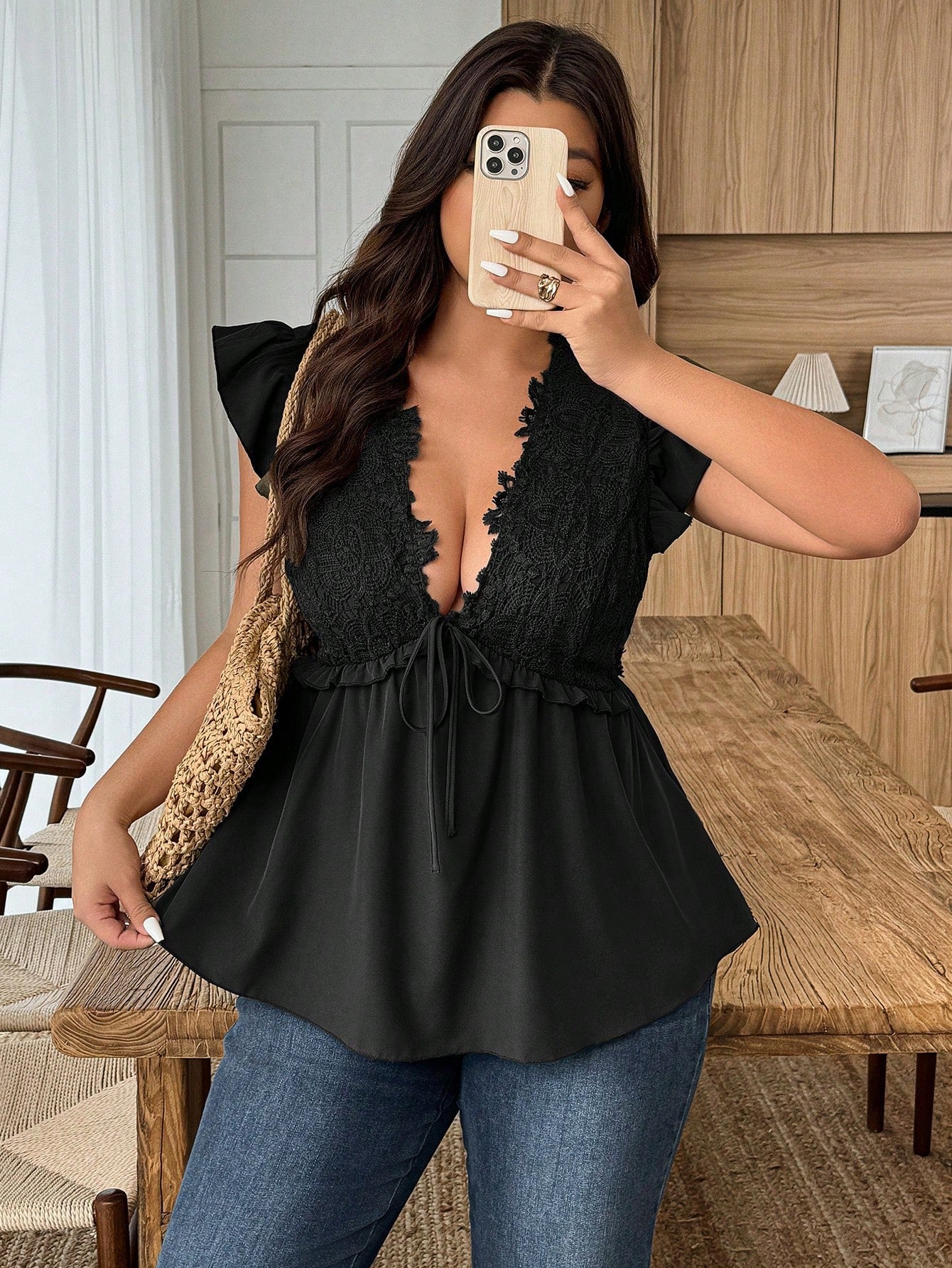 Weeklong Plus Size Women Casual/Vacation/Commute Lace Ruffle V-Neck Cap Sleeve Blouse Chic