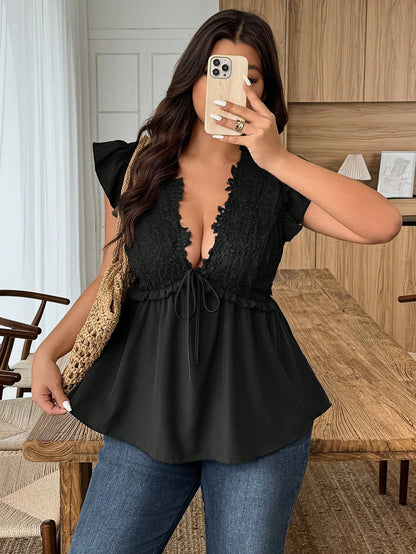 Weeklong Plus Size Women Casual/Vacation/Commute Lace Ruffle V-Neck Cap Sleeve Blouse Chic