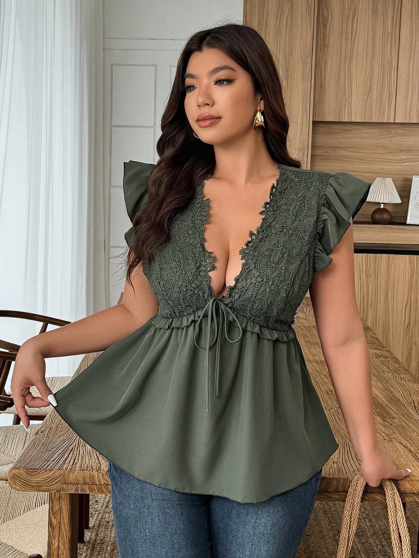 Weeklong Plus Size Women Casual/Vacation/Commute Lace Ruffle V-Neck Cap Sleeve Blouse Chic