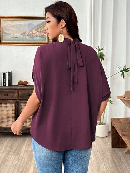 Weeklong Women's Plus Size Small Stand Collar Ruched Batwing Sleeve Textured Comfortable Fabric Elegant Blouse For Outing, Shopping, Gathering Fall