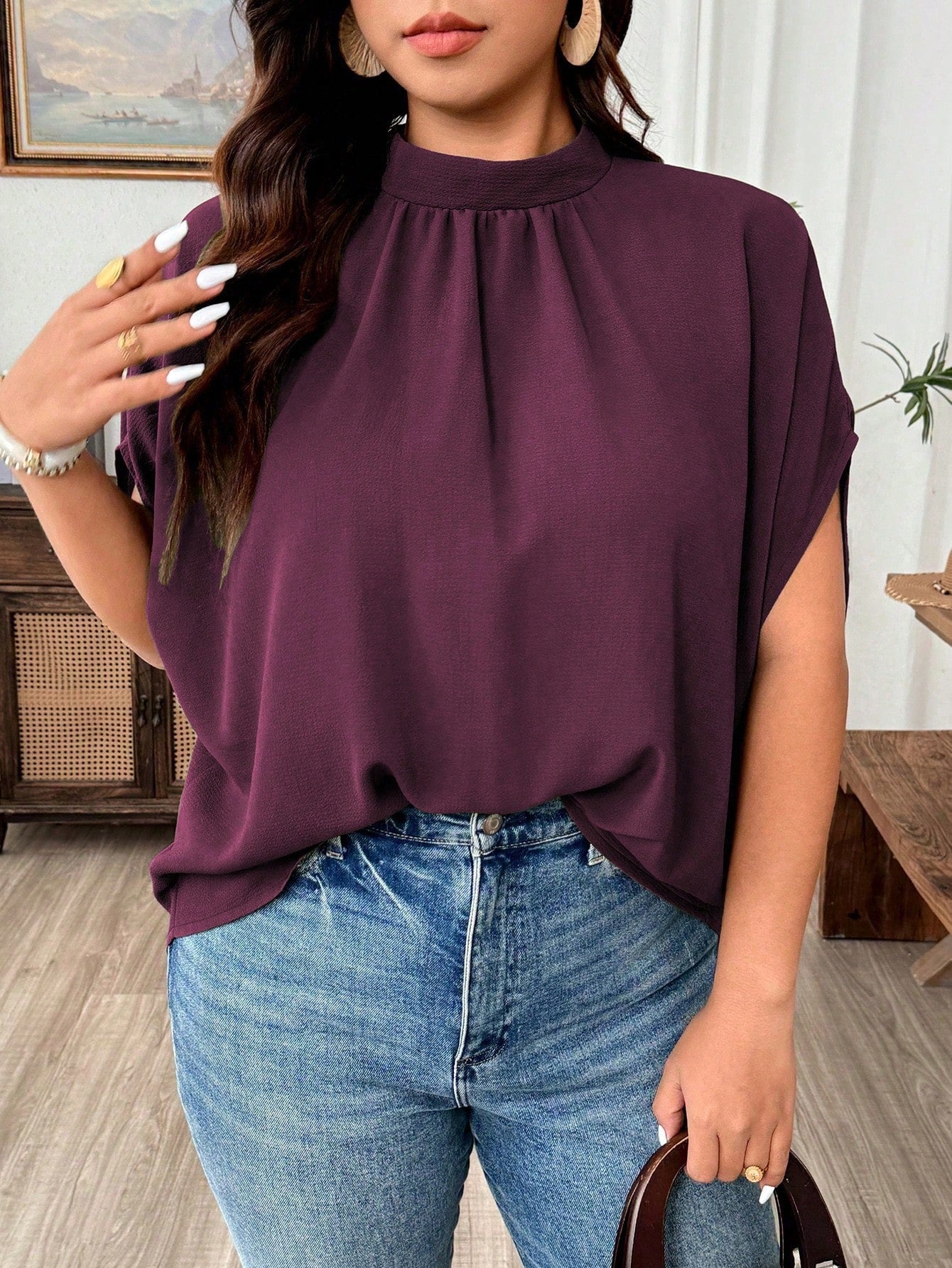 Weeklong Women's Plus Size Small Stand Collar Ruched Batwing Sleeve Textured Comfortable Fabric Elegant Blouse For Outing, Shopping, Gathering Fall