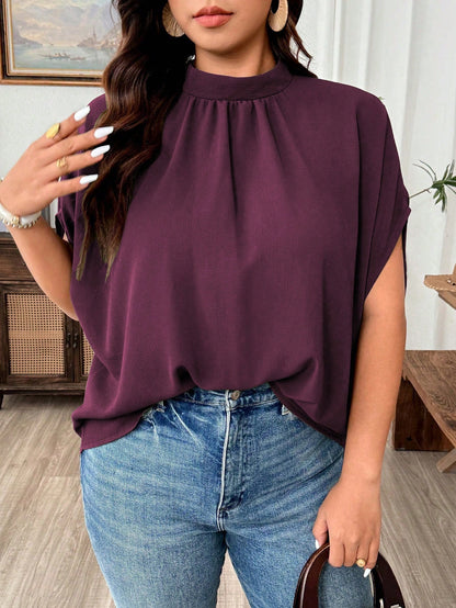 Weeklong Women's Plus Size Small Stand Collar Ruched Batwing Sleeve Textured Comfortable Fabric Elegant Blouse For Outing, Shopping, Gathering Fall