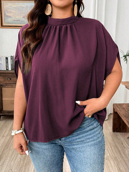 Weeklong Women's Plus Size Small Stand Collar Ruched Batwing Sleeve Textured Comfortable Fabric Elegant Blouse For Outing, Shopping, Gathering Fall