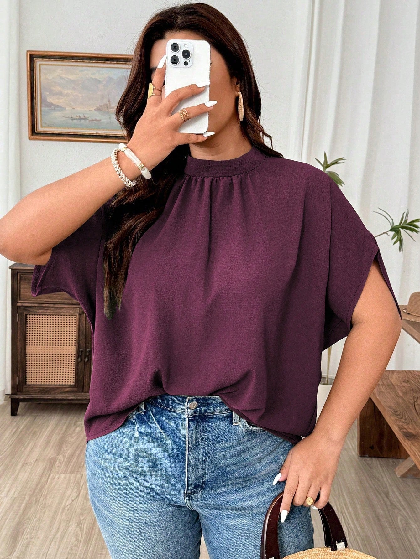 Weeklong Women's Plus Size Small Stand Collar Ruched Batwing Sleeve Textured Comfortable Fabric Elegant Blouse For Outing, Shopping, Gathering Fall