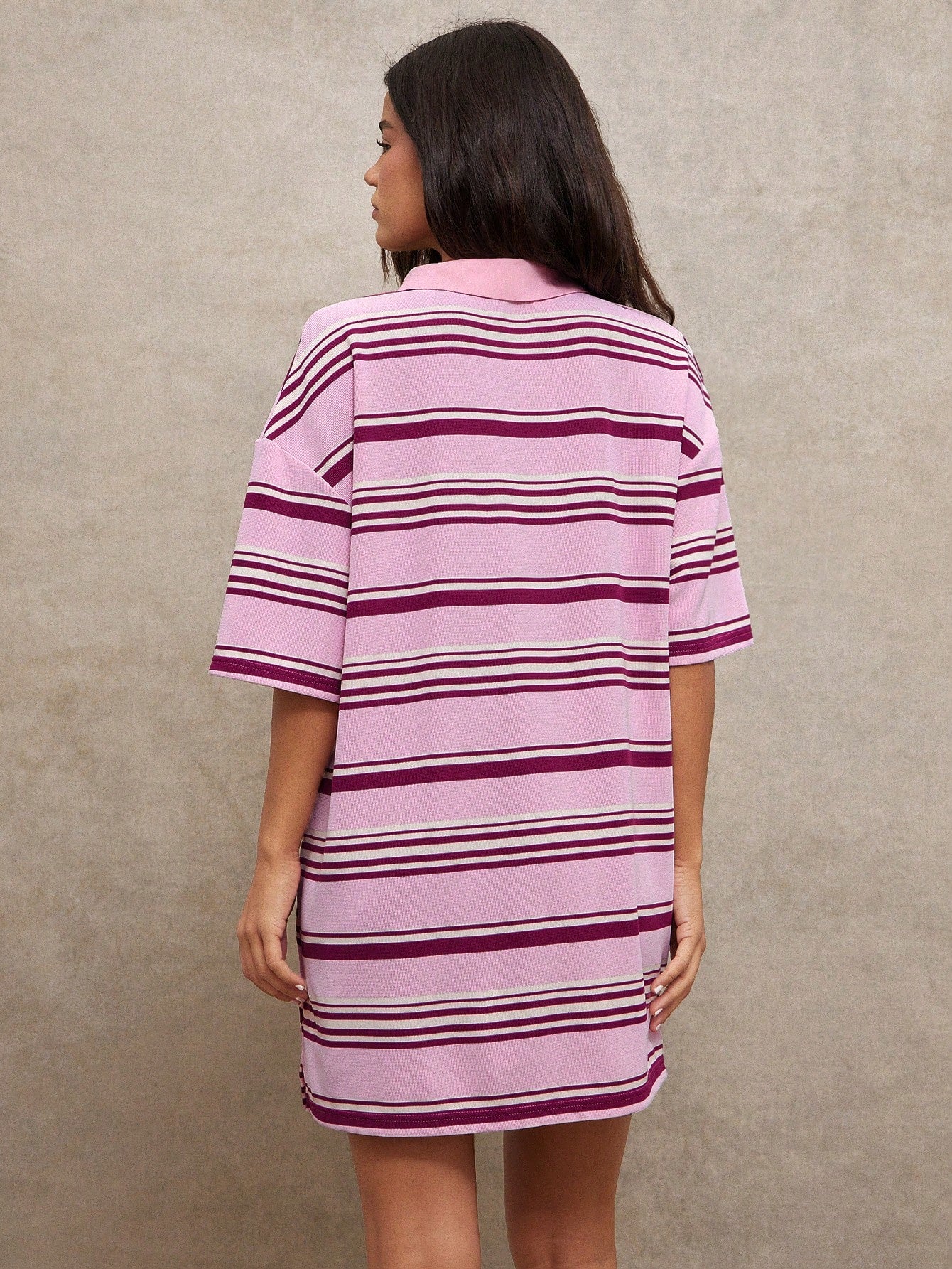 WESTFADE Striped Waffle Knit Light Pink Polo Button Front Short Sleeve Loose Fit T-Shirt Dress, Fall, Autumn, Cowgirl, Western, Country, School, Rodeo, Casual