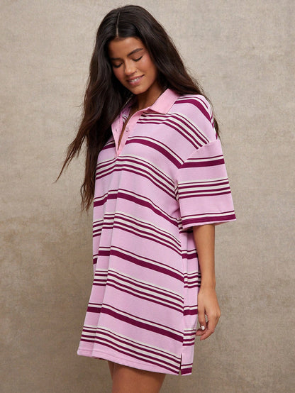 WESTFADE Striped Waffle Knit Light Pink Polo Button Front Short Sleeve Loose Fit T-Shirt Dress, Fall, Autumn, Cowgirl, Western, Country, School, Rodeo, Casual