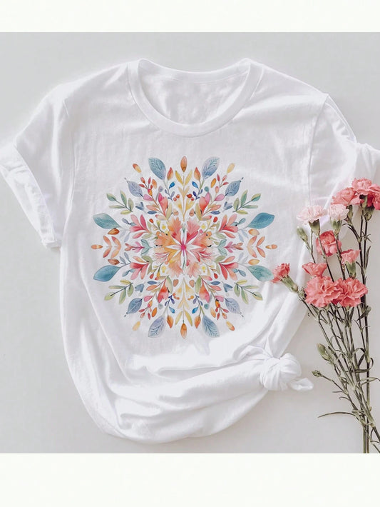 White Floral Mandala T-Shirt,Summer Boho Vacation Spring Floral Blouse,Gifts For Her,Flower Shirt,Women T-Shirt Gift For Girlfriend