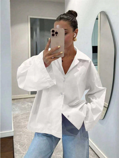 White Long Sleeve Women's Casual Elegant Shirt Top, Spring/Summer Holiday Valentine's Day