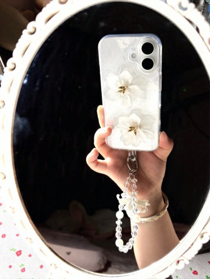 White Moonlight Lily Pearl Phone Case, Phone Chain Pendant, Digital Camera CCD Lanyard, Suitable For IPad Protective Case, Phone Accessory Strap, Bracelet Style Keychain, Phone Case Decorative Pendant