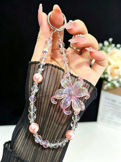 White Moonlight Lily Pearl Phone Case, Phone Chain Pendant, Digital Camera CCD Lanyard, Suitable For IPad Protective Case, Phone Accessory Strap, Bracelet Style Keychain, Phone Case Decorative Pendant