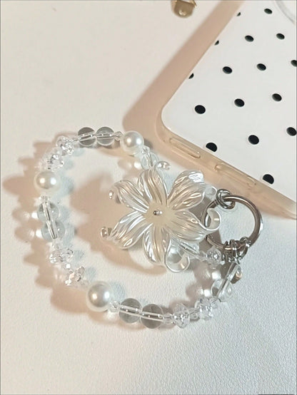 White Moonlight Lily Pearl Phone Case, Phone Chain Pendant, Digital Camera CCD Lanyard, Suitable For IPad Protective Case, Phone Accessory Strap, Bracelet Style Keychain, Phone Case Decorative Pendant