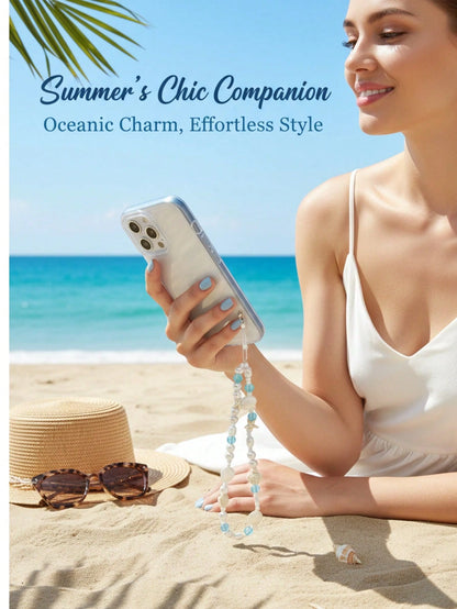 White Ocean Elements 1pc Summer Beach Style Phone Lanyard Handmade White Faux Pearl Starfish Turtle Beaded Phone Strap Suitable For Daily Wear As Phone Accessory Spring Gift Party